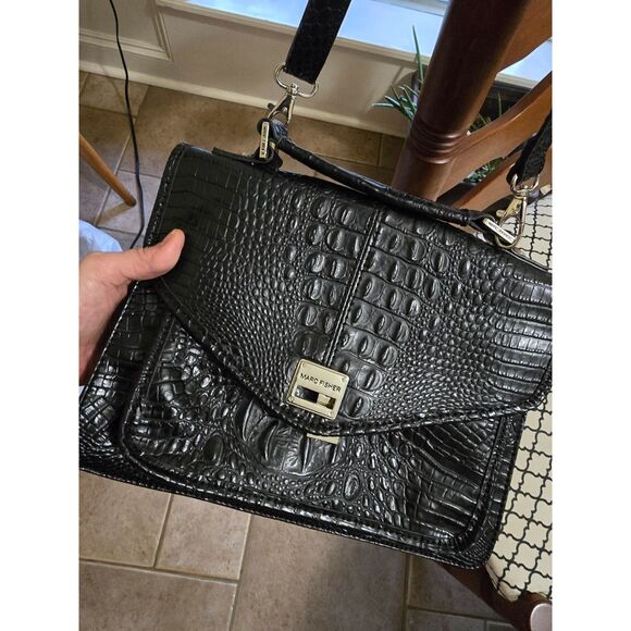 Marc Fisher Crocodile Embossed Black Handbag Long Strap Convertible Vegan Purse - Picture 3 of 6